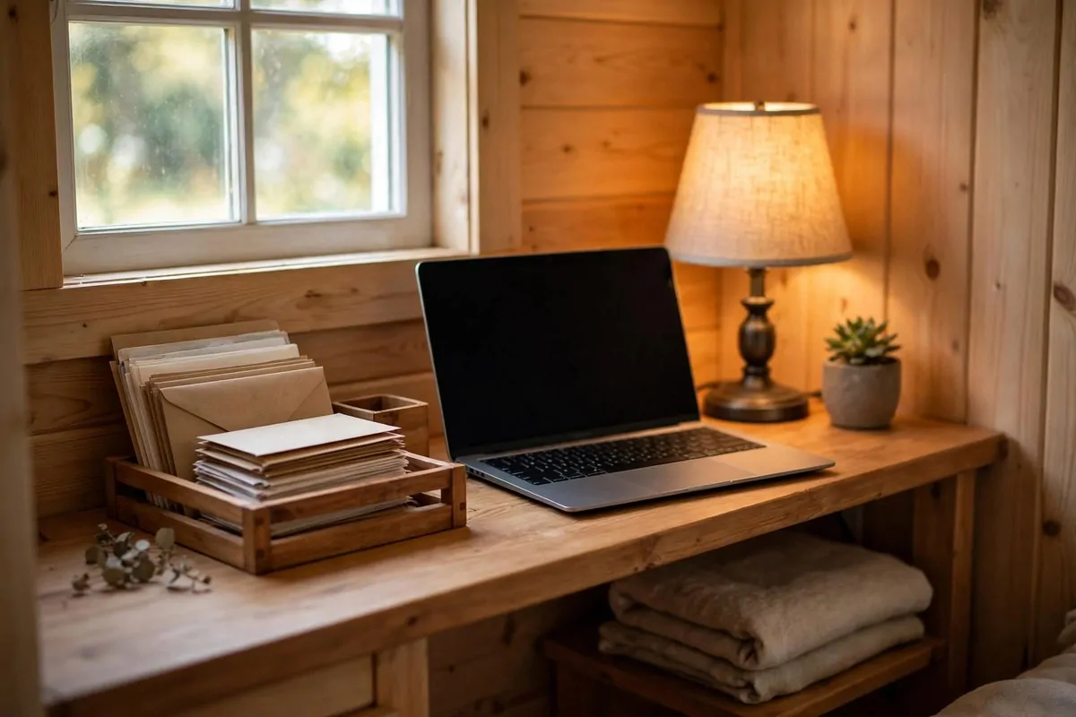 20 Tiny House Living Habits for Life in Under 400 Square Feet 7 Tiny desk corner with a laptop and a tray for sorted paper mail