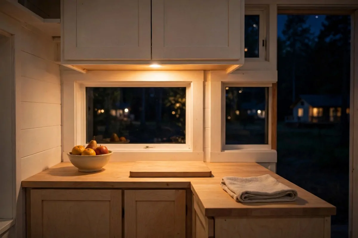 20 Tiny House Living Habits for Life in Under 400 Square Feet 8 Tiny kitchen counter with weekly meal prep containers and a shopping list