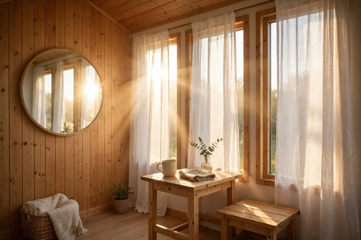 20 Tiny House Living Habits for Life in Under 400 Square Feet 10 Tiny house living area filled with morning sunlight through sheer curtains