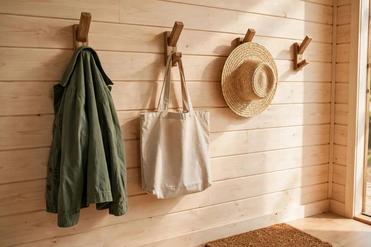 20 Tiny House Living Habits for Life in Under 400 Square Feet 6 Wooden wall hooks holding jackets and bags in a tiny house entryway
