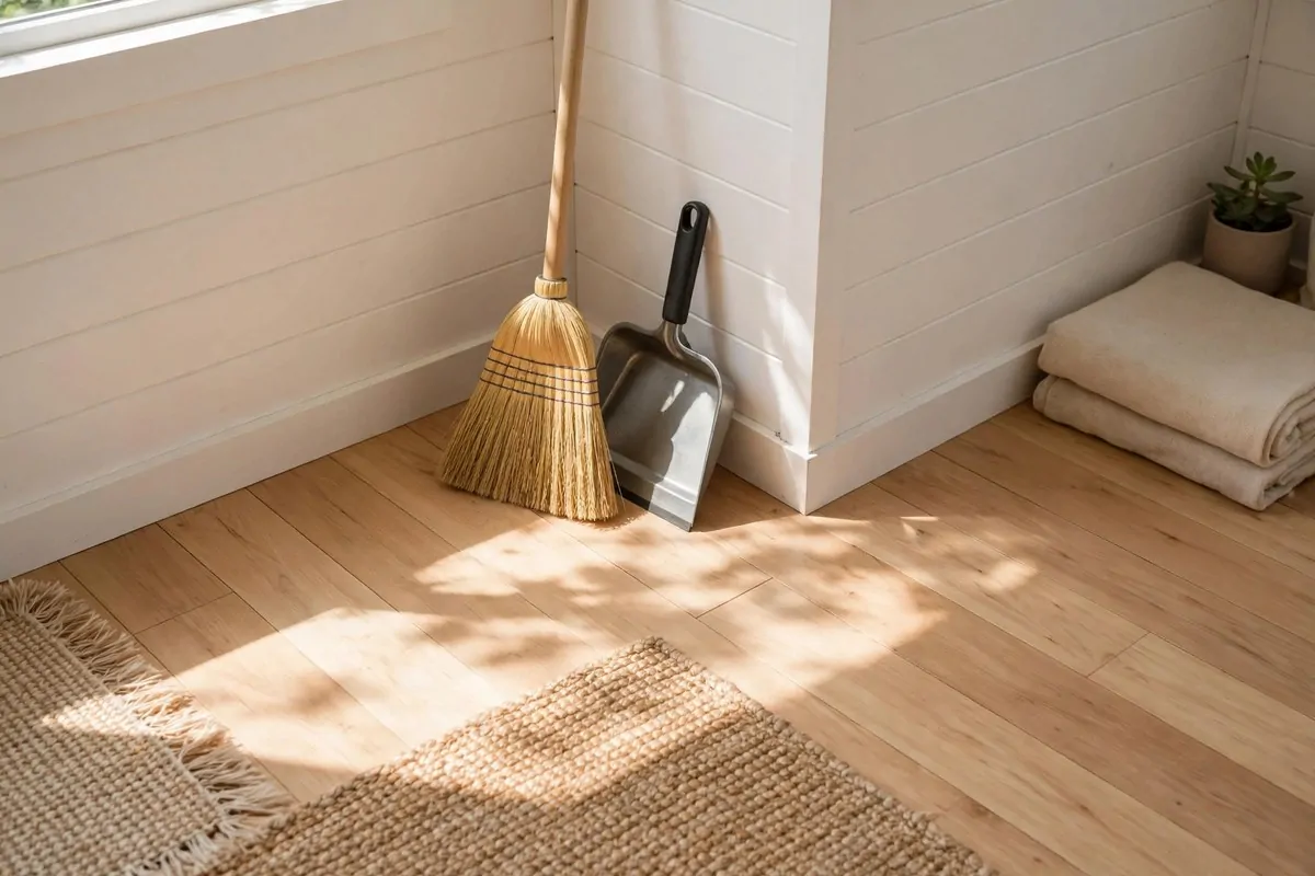 20 Tiny House Living Habits for Life in Under 400 Square Feet 13 Small broom and dustpan resting against a sunlit wooden floor