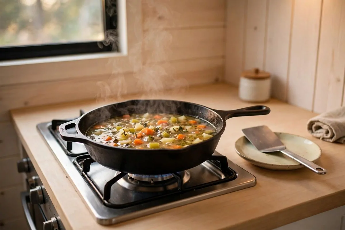 20 Tiny House Living Habits for Life in Under 400 Square Feet 18 Cast iron pan simmering on a stovetop beside a wiped-clean counter