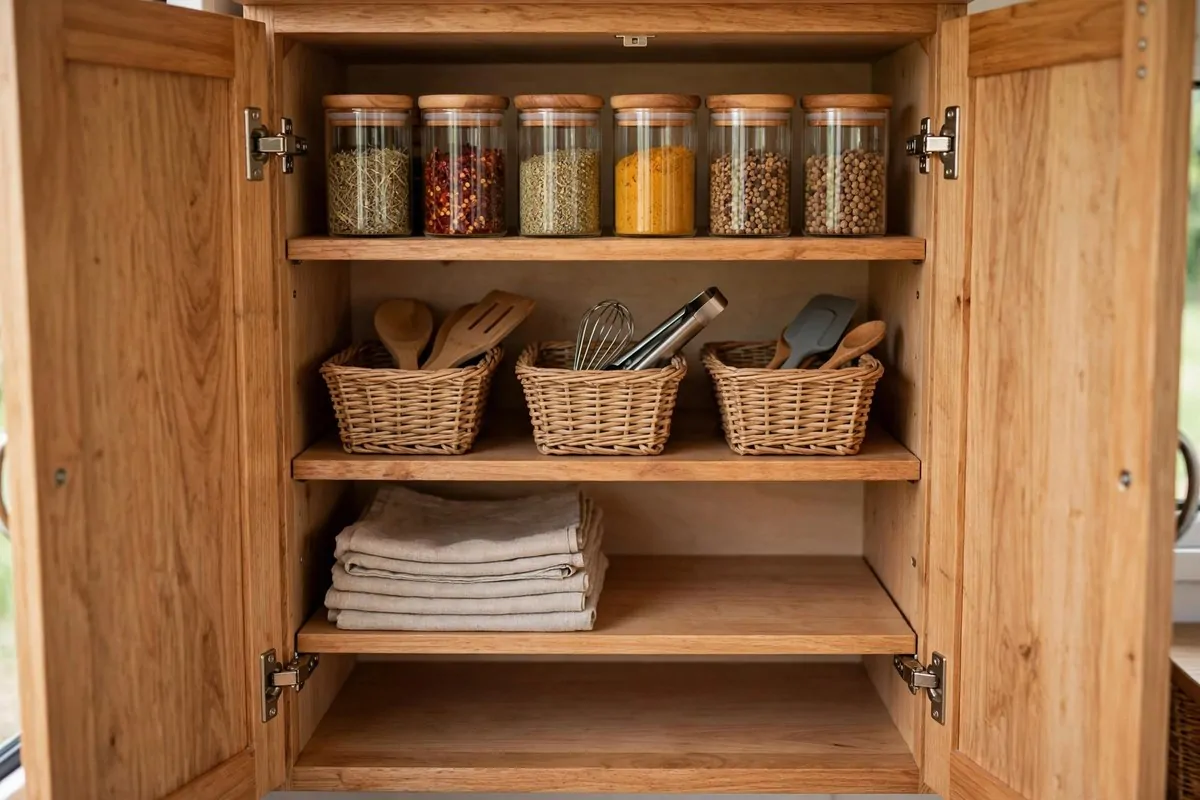 20 Tiny House Living Habits for Life in Under 400 Square Feet 20 Sealed cardboard box with tape and scissors in a tiny house corner