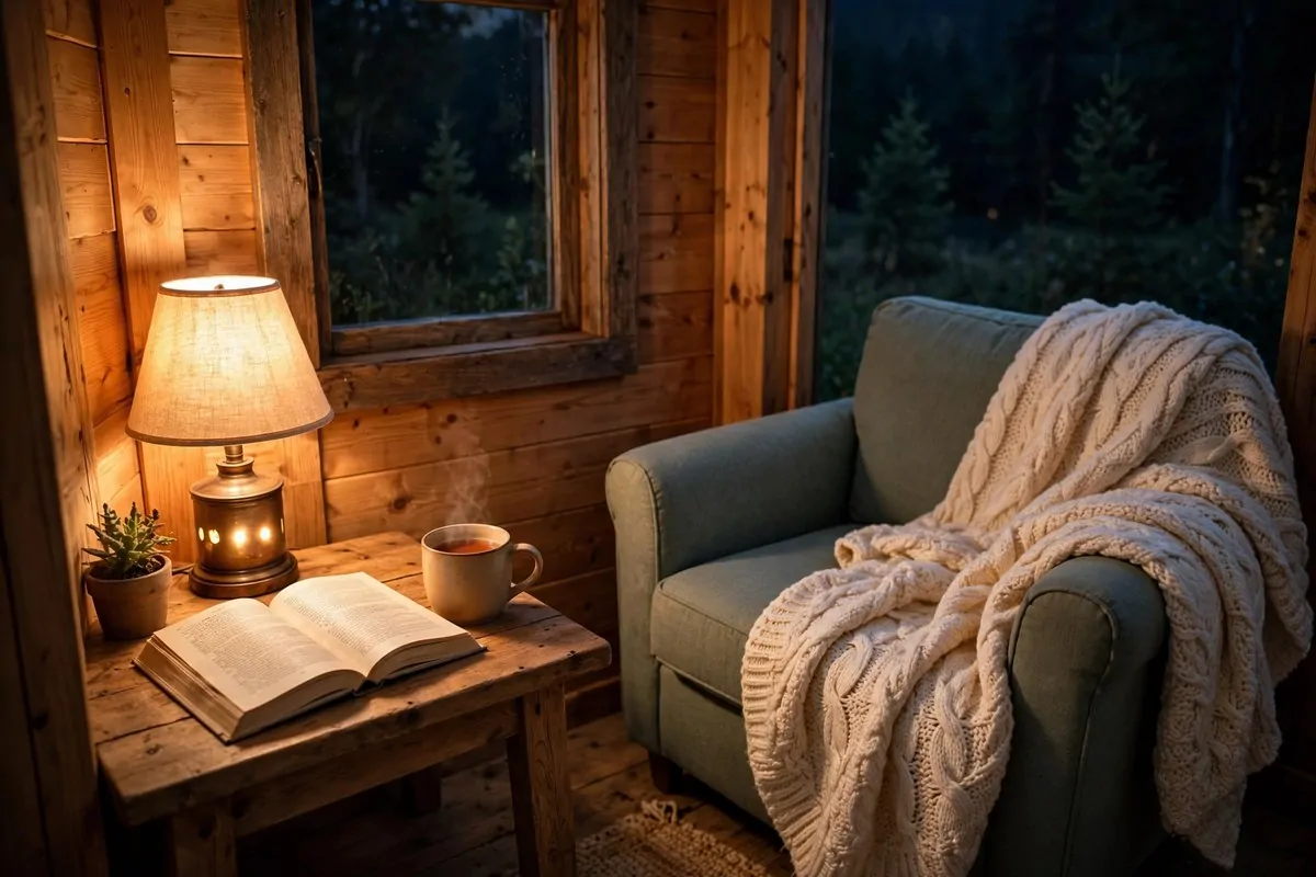 20 Tiny House Living Habits for Life in Under 400 Square Feet 4 Warm lamplit corner with an armchair and table lamp at night