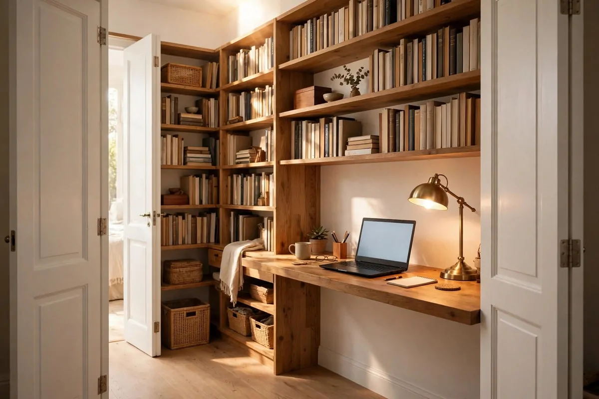 A bright walk-in closet turned office with a long wooden desk along one wall, open laptop, brass lamp and tall shelves full of books, doors wide open