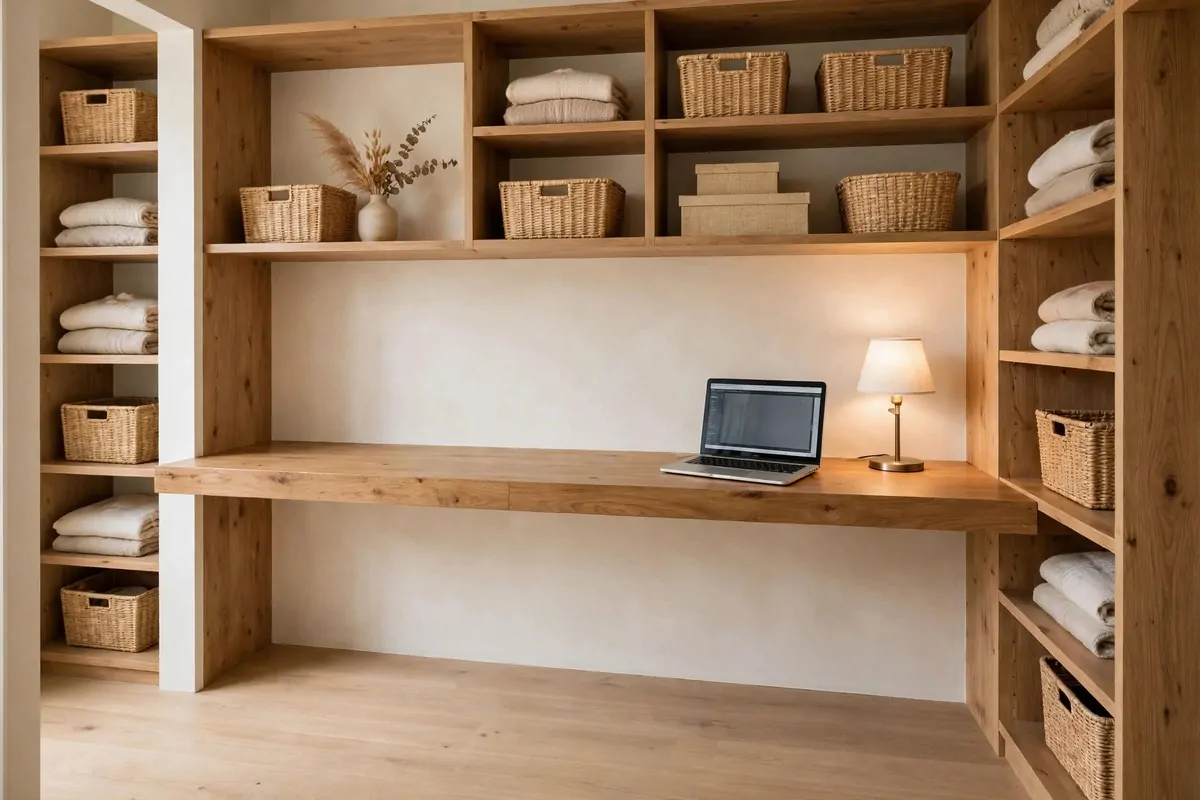 20 Walk in Closet Office Setups With Serious Wow Factor 1 A walk-in closet office with a long wooden desk board along the back wall, laptop and small lamp, open floor space in front of the desk