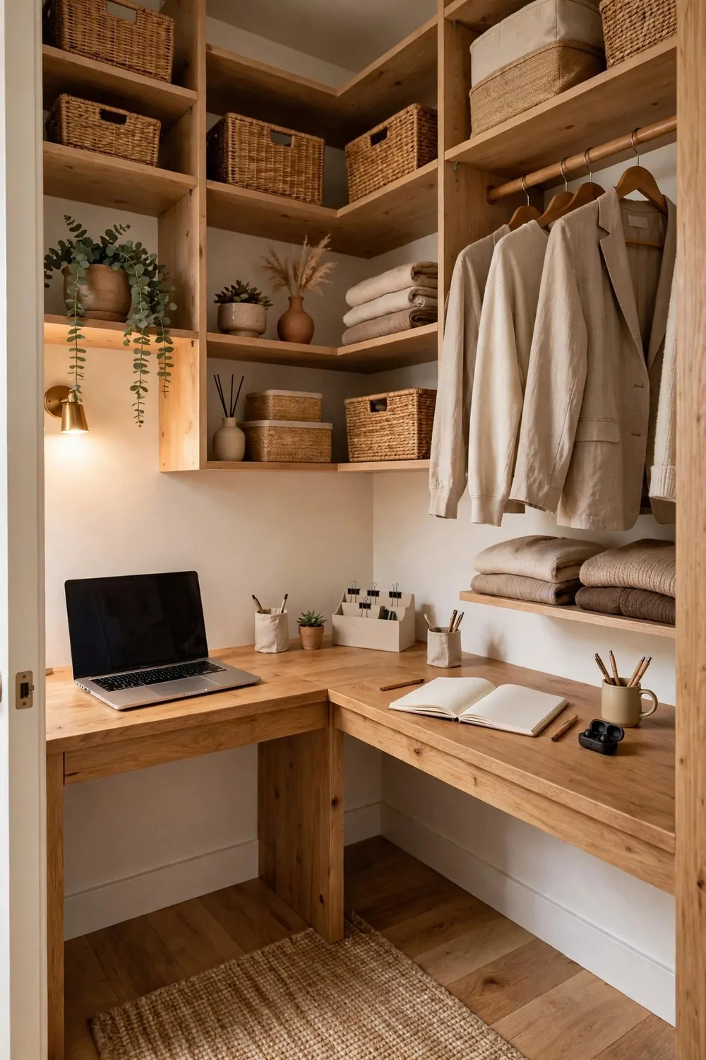 20 Walk in Closet Office Setups With Serious Wow Factor 2 A walk-in closet office with an L-shaped wooden desk turning the corner, laptop on one side and notebook on the other