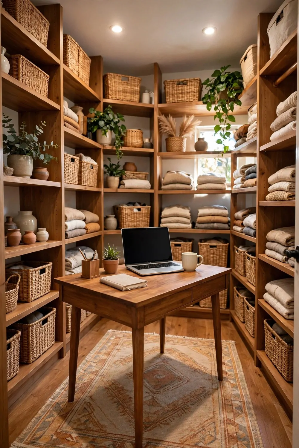 20 Walk in Closet Office Setups With Serious Wow Factor 3 A walk-in closet office with a freestanding wooden desk in the middle of the room, laptop on top, shelves on the walls around it