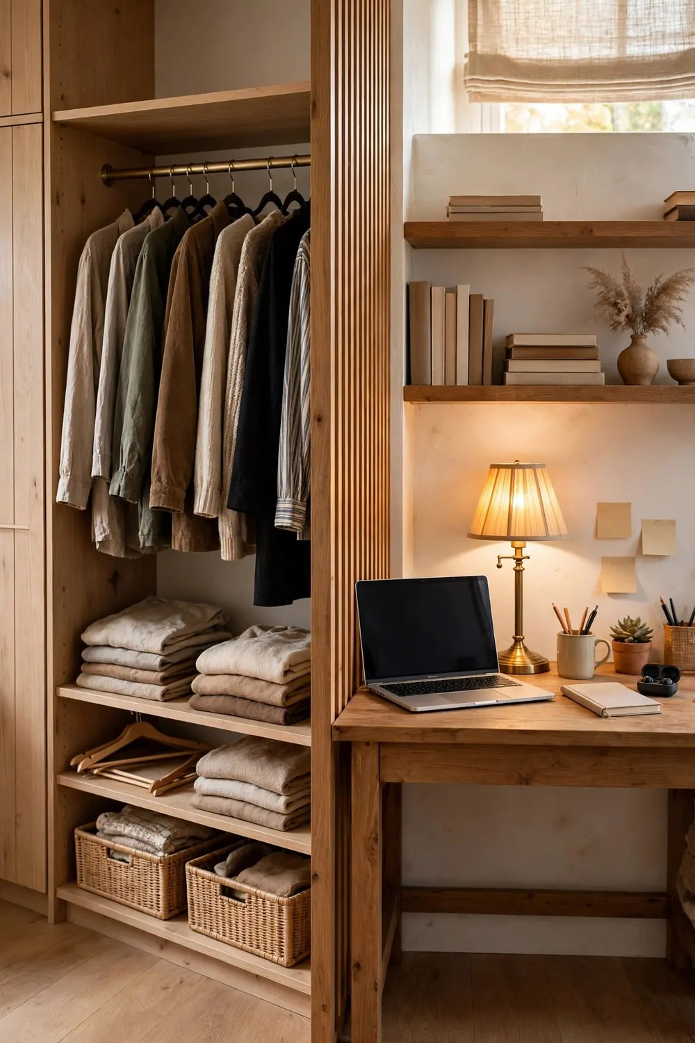 20 Walk in Closet Office Setups With Serious Wow Factor 4 A walk-in closet split in two, clothes hanging on one side and a wooden desk with laptop and lamp on the other side