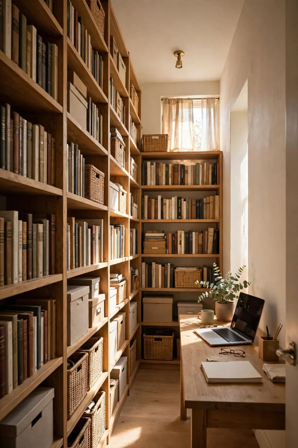 20 Walk in Closet Office Setups With Serious Wow Factor 5 A walk-in closet office with floor-to-ceiling wooden shelves full of books and boxes beside a desk with a laptop