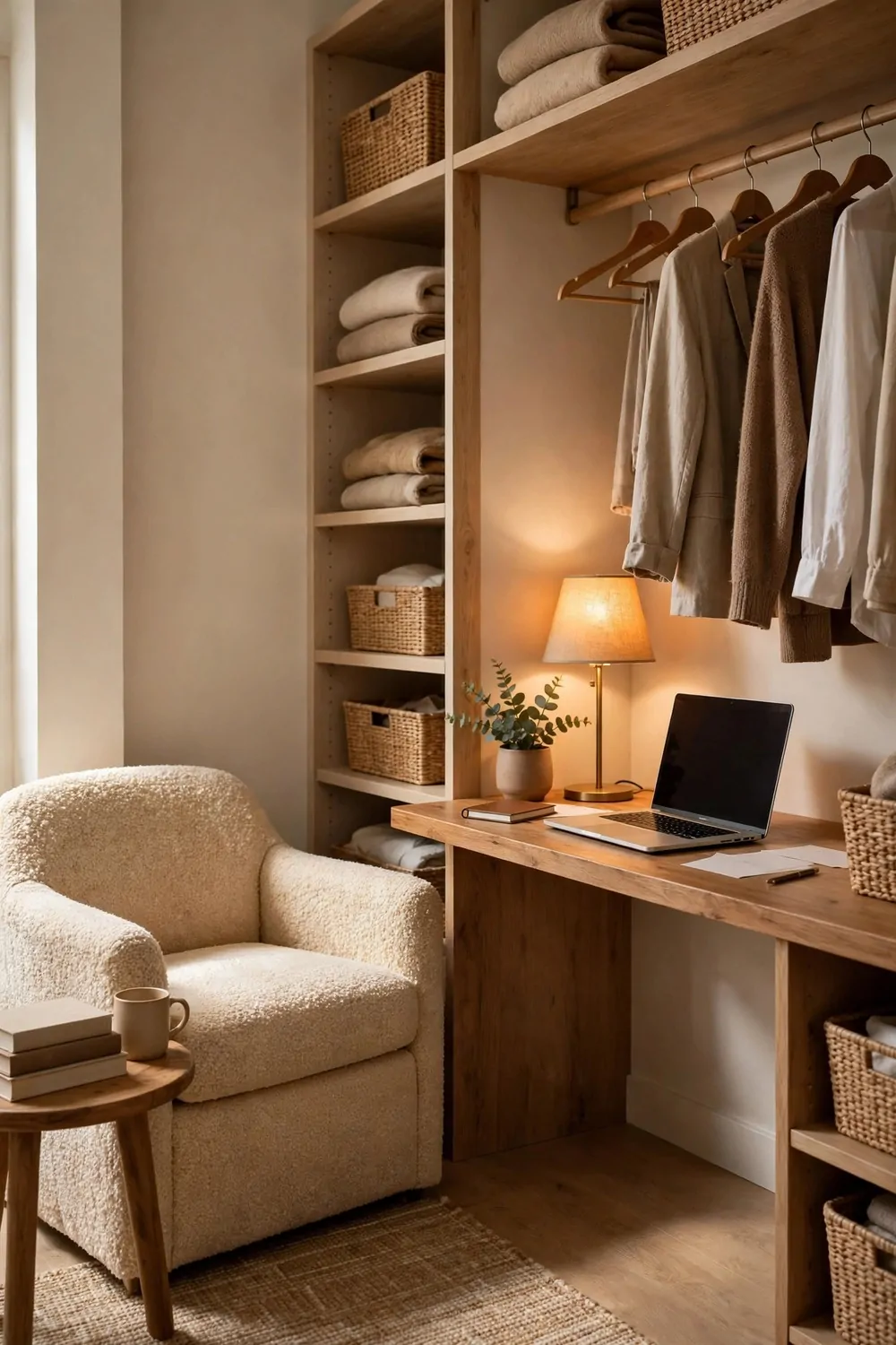 20 Walk in Closet Office Setups With Serious Wow Factor 6 A walk-in closet office with a soft armchair in the corner, small side table with books, desk with laptop nearby
