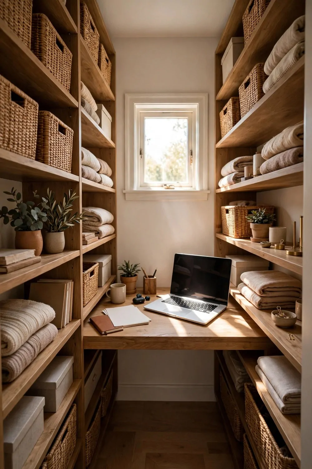 20 Walk in Closet Office Setups With Serious Wow Factor 7 A walk-in closet office with a desk at the far end under a small window, daylight falling across the laptop