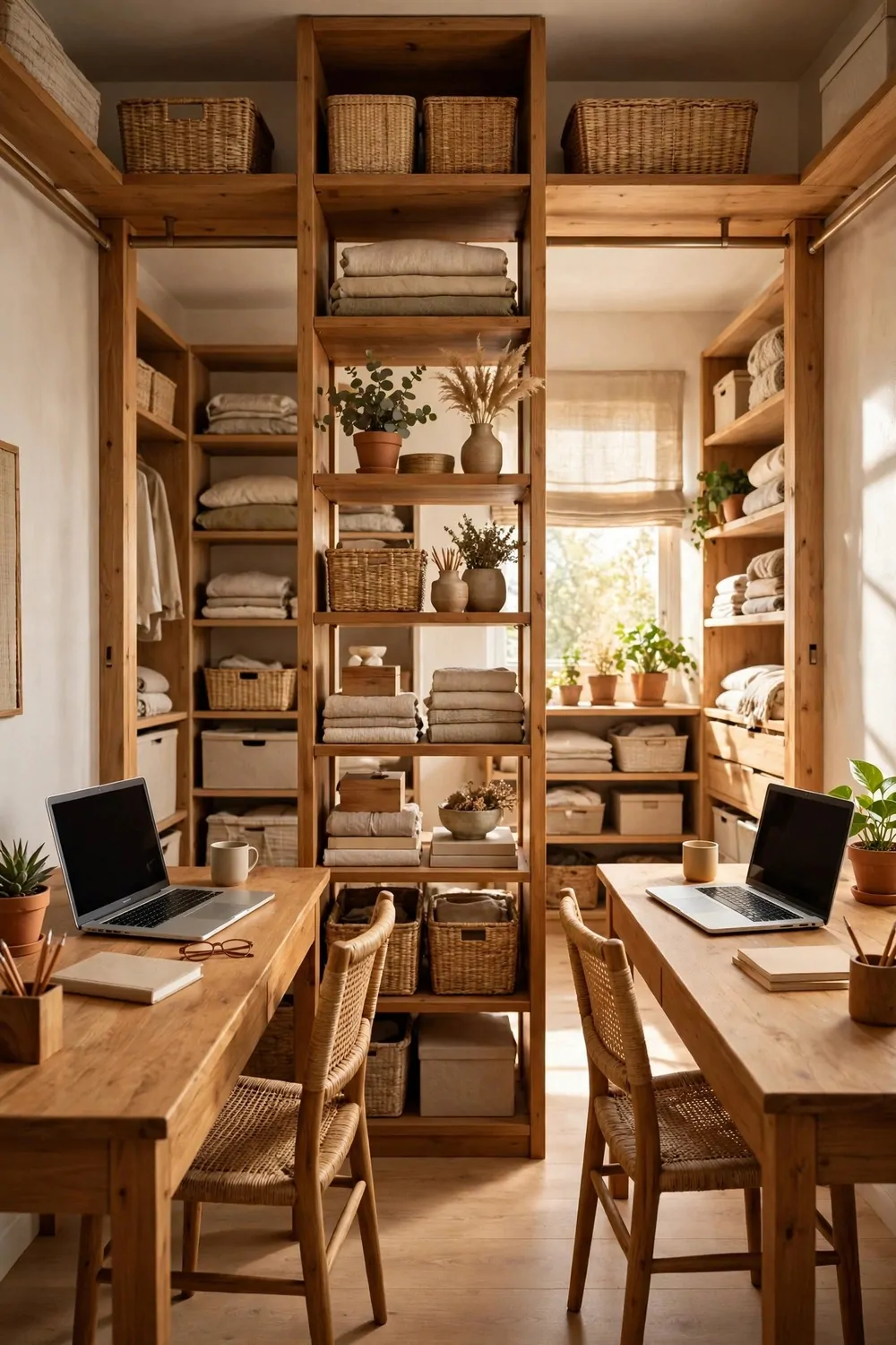 20 Walk in Closet Office Setups With Serious Wow Factor 8 A walk-in closet office with two wooden desks facing each other, two laptops, two chairs and shelves between them