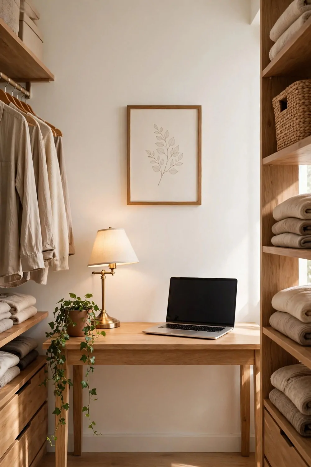 20 Walk in Closet Office Setups With Serious Wow Factor 9 A walk-in closet office desk with a plain wall behind it dressed with a framed picture and a small plant for video calls