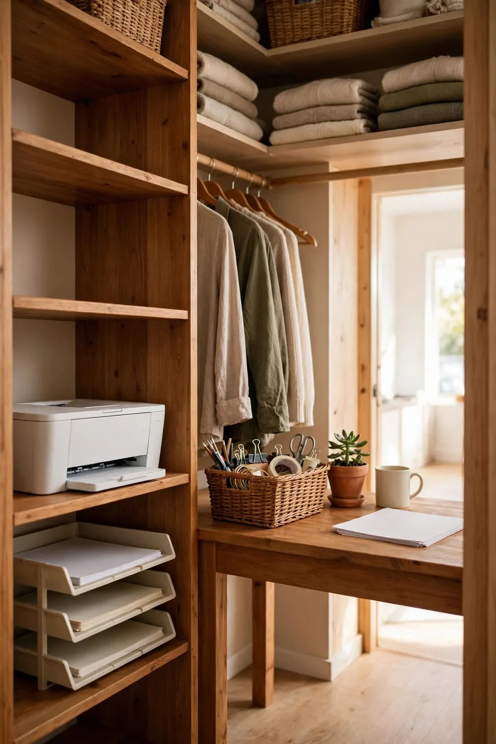 20 Walk in Closet Office Setups With Serious Wow Factor 10 A walk-in closet office with a printer on a low shelf, paper trays and a basket of supplies beside the desk