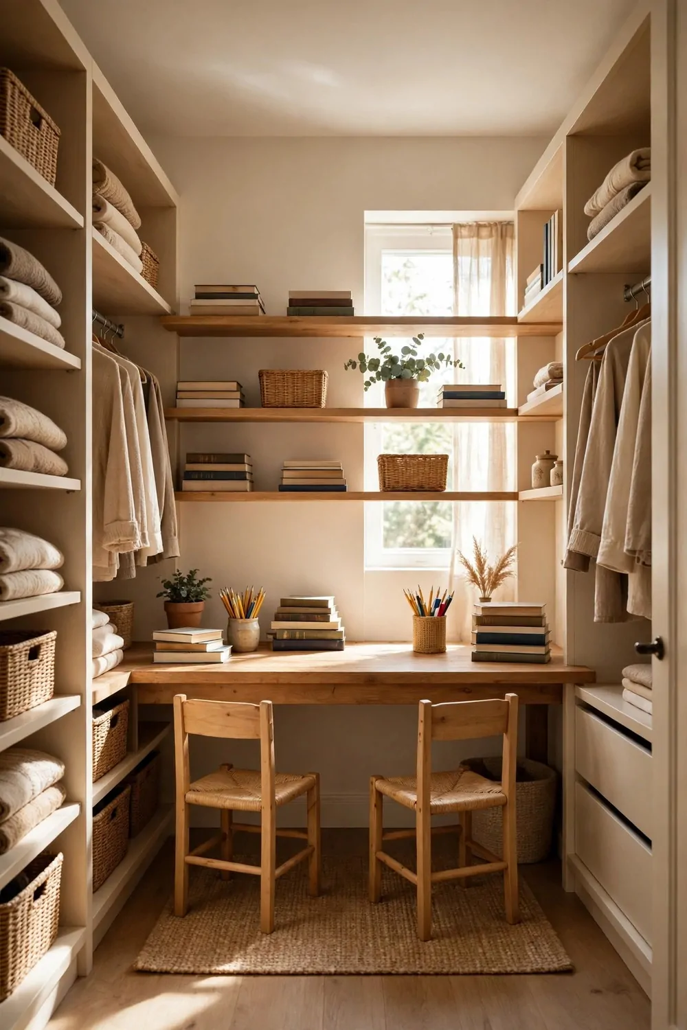 20 Walk in Closet Office Setups With Serious Wow Factor 11 A walk-in closet office with a long homework table, two small chairs, books and pencil pots, shelves above