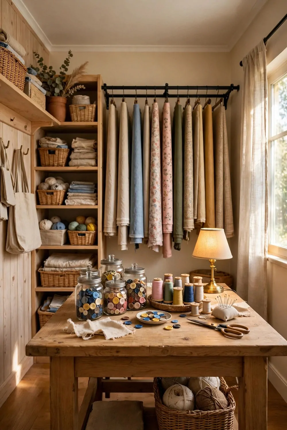20 Walk in Closet Office Setups With Serious Wow Factor 12 A walk-in closet office with a wide craft table in the middle, jars of supplies, fabric rolls on a rail, small lamp