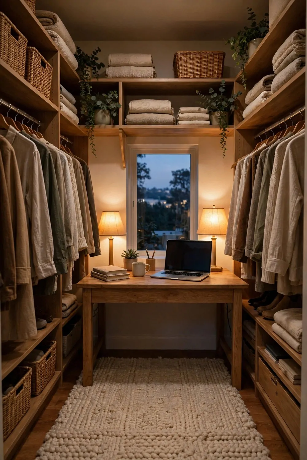 20 Walk in Closet Office Setups With Serious Wow Factor 13 A walk-in closet office at dusk with warm lamps glowing, laptop on the desk, rug on the floor
