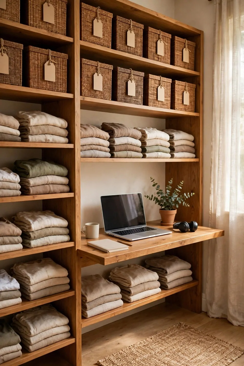20 Walk in Closet Office Setups With Serious Wow Factor 14 A walk-in closet office with labelled boxes and folded clothes on shelves, desk with laptop below