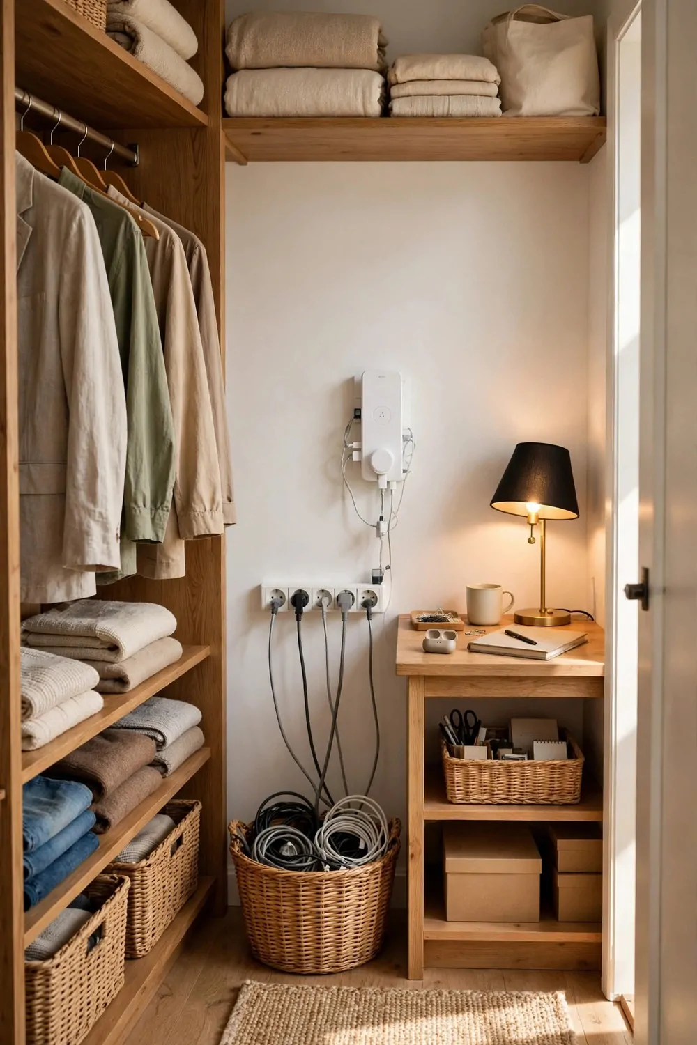 20 Walk in Closet Office Setups With Serious Wow Factor 15 A walk-in closet office with a charging station on the wall, cables in a basket, power strip and small lamp on the desk