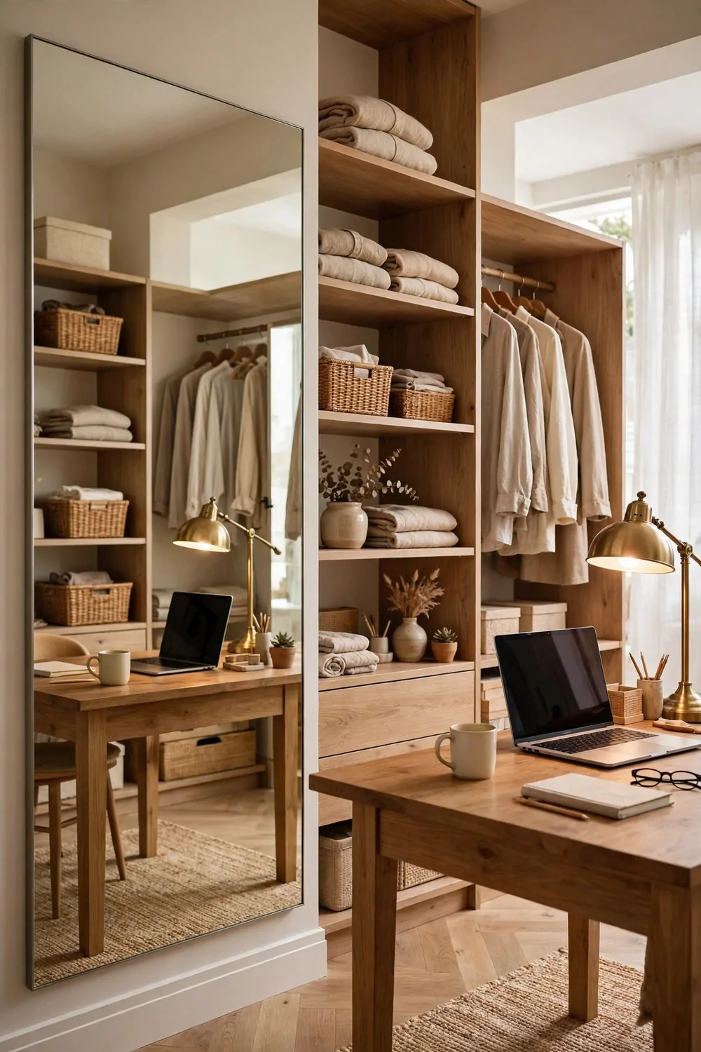 20 Walk in Closet Office Setups With Serious Wow Factor 16 A walk-in closet office with a large mirror on one wall reflecting the desk, laptop and lamp