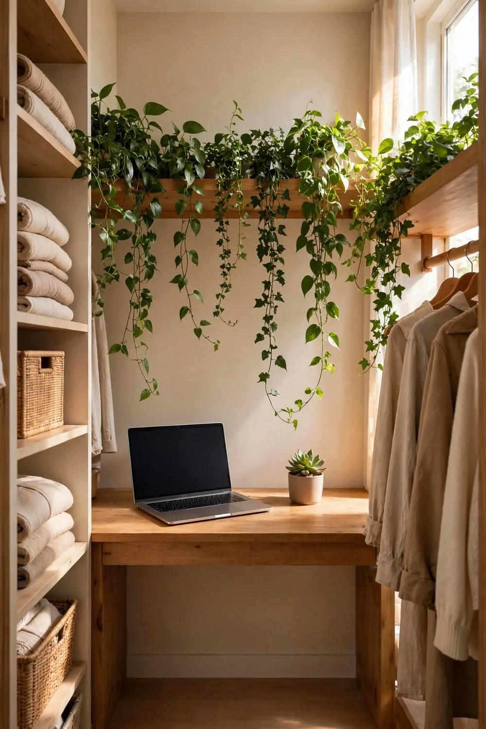 20 Walk in Closet Office Setups With Serious Wow Factor 17 A walk-in closet office with a long shelf of green plants above the desk, laptop and small succulent below