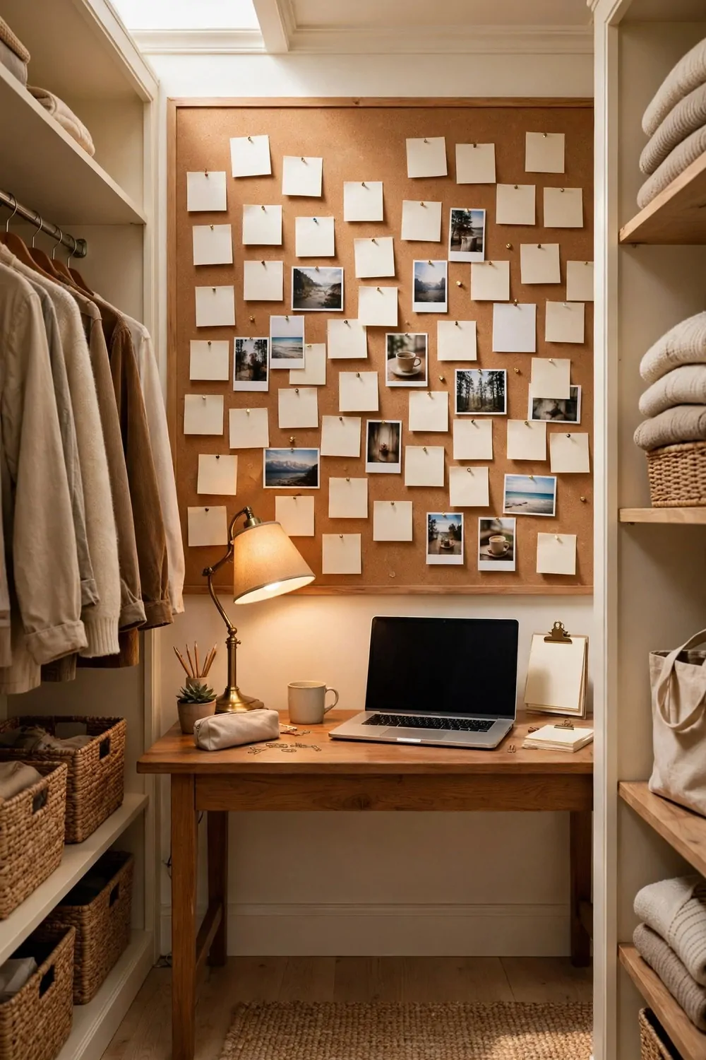 20 Walk in Closet Office Setups With Serious Wow Factor 18 A walk-in closet office with a large cork pinboard wall covered in notes and photos above the desk