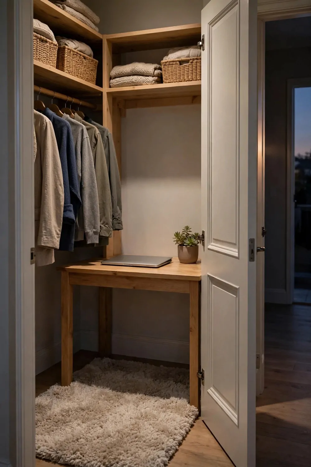 20 Walk in Closet Office Setups With Serious Wow Factor 19 A tidy walk-in closet office with a cleared desk, closed laptop, plant and rug, closet door half open
