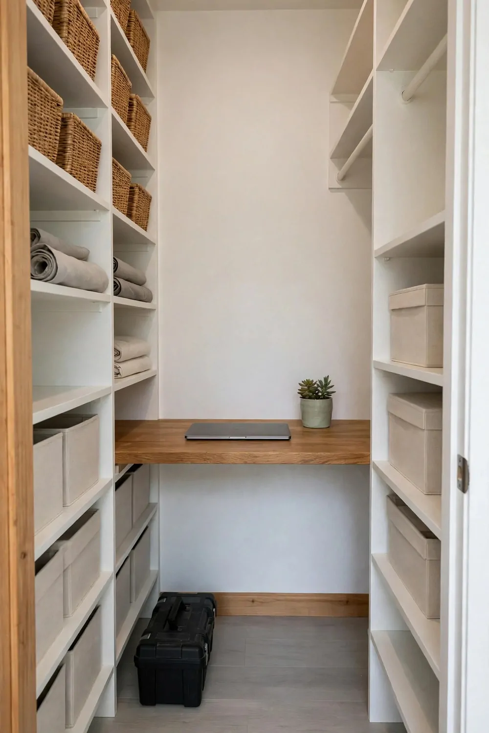 20 Walk in Closet Office Setups With Serious Wow Factor 20 A finished walk-in closet office with a cleared desk, closed laptop and small plant, tools packed away in a box on the floor