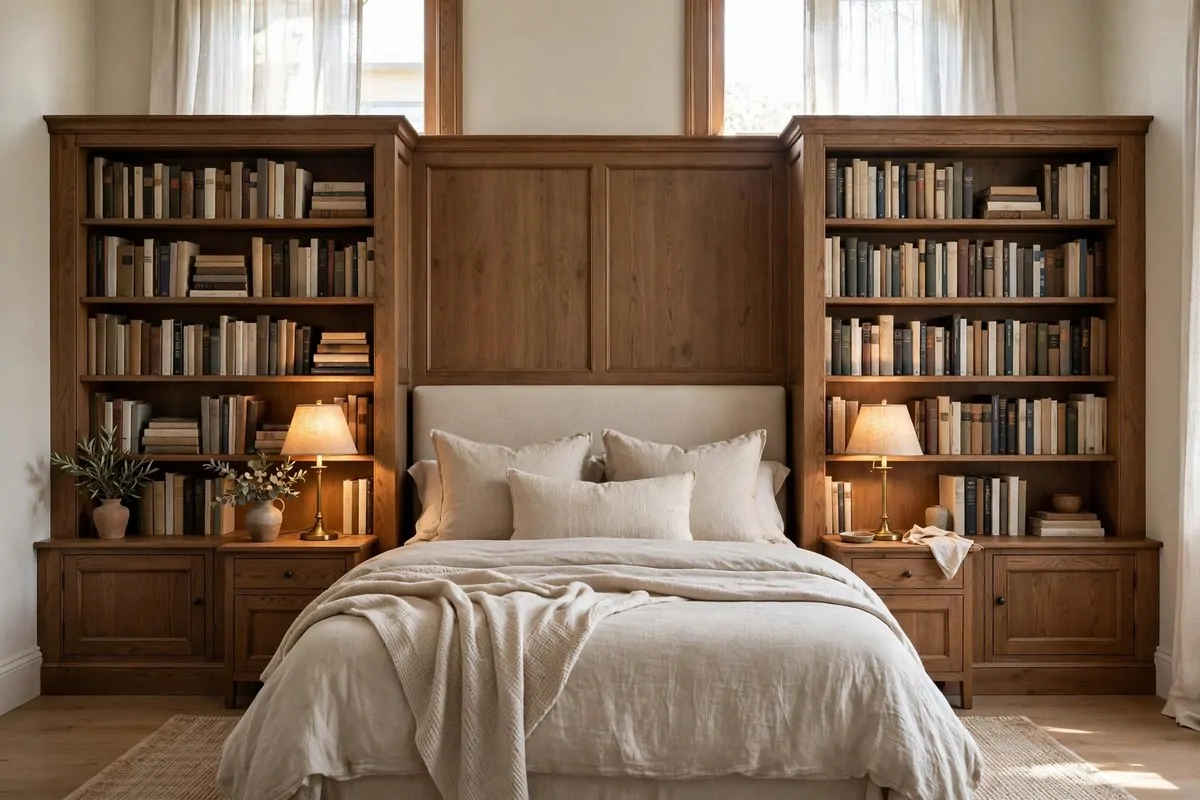 21 Bedroom Ideas Bookshelves Make Look Custom-Built 1 Bedroom with a bed centered between two tall wooden bookcases, symmetrical built in look