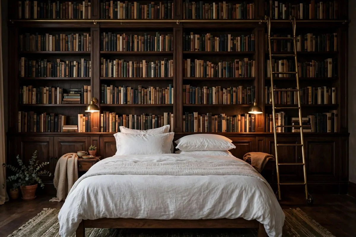 21 Bedroom Ideas Bookshelves Make Look Custom-Built 2 Floor to ceiling wooden bookshelves covering an entire bedroom wall behind a bed