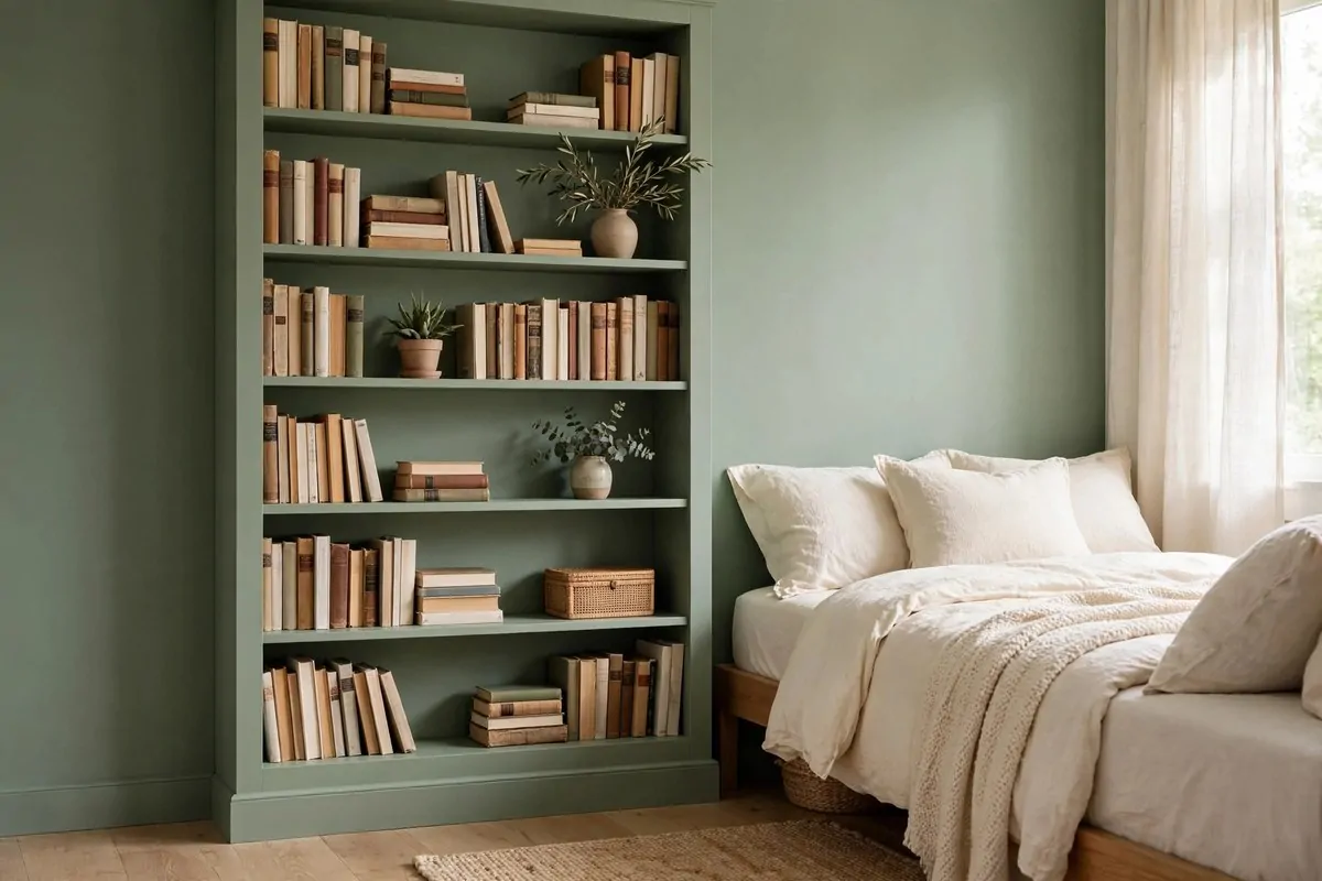 21 Bedroom Ideas Bookshelves Make Look Custom-Built 3 Bedroom bookcase painted the exact same sage green as the wall, blending into the room