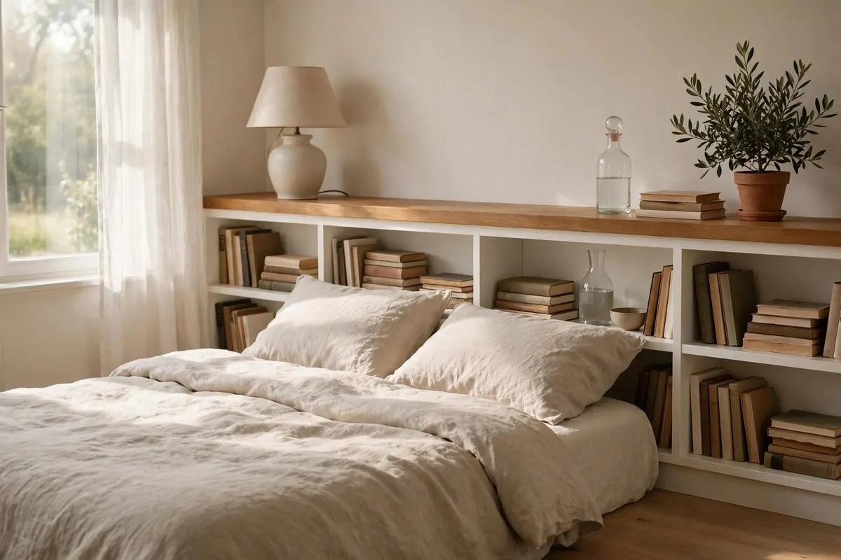 21 Bedroom Ideas Bookshelves Make Look Custom-Built 4 Low bookshelves running the full width behind a bed as a headboard wall