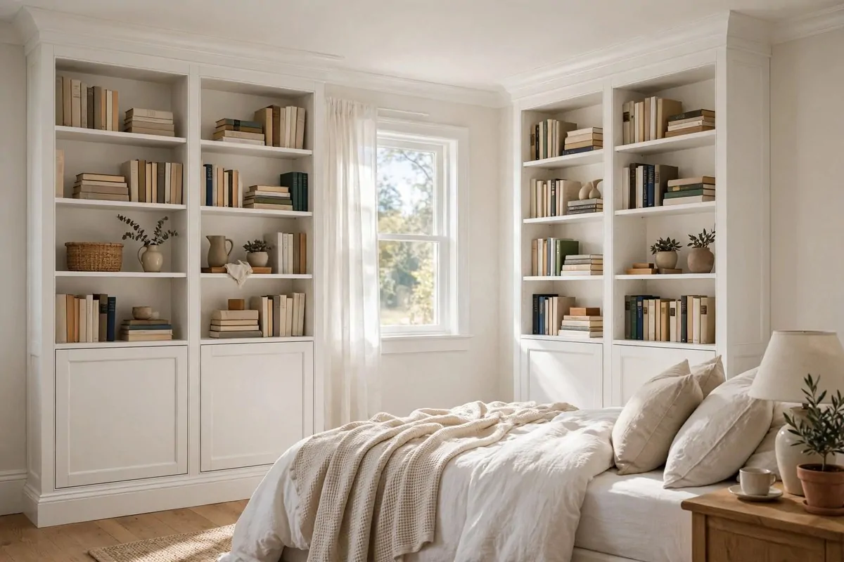 21 Bedroom Ideas Bookshelves Make Look Custom-Built 5 White IKEA style bookcases with added trim and crown molding looking like built ins
