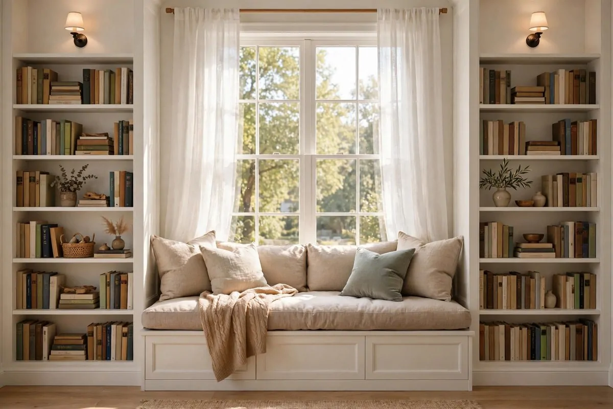 21 Bedroom Ideas Bookshelves Make Look Custom-Built 6 Bedroom window seat with a cushion and tall bookshelves on both sides framing the window