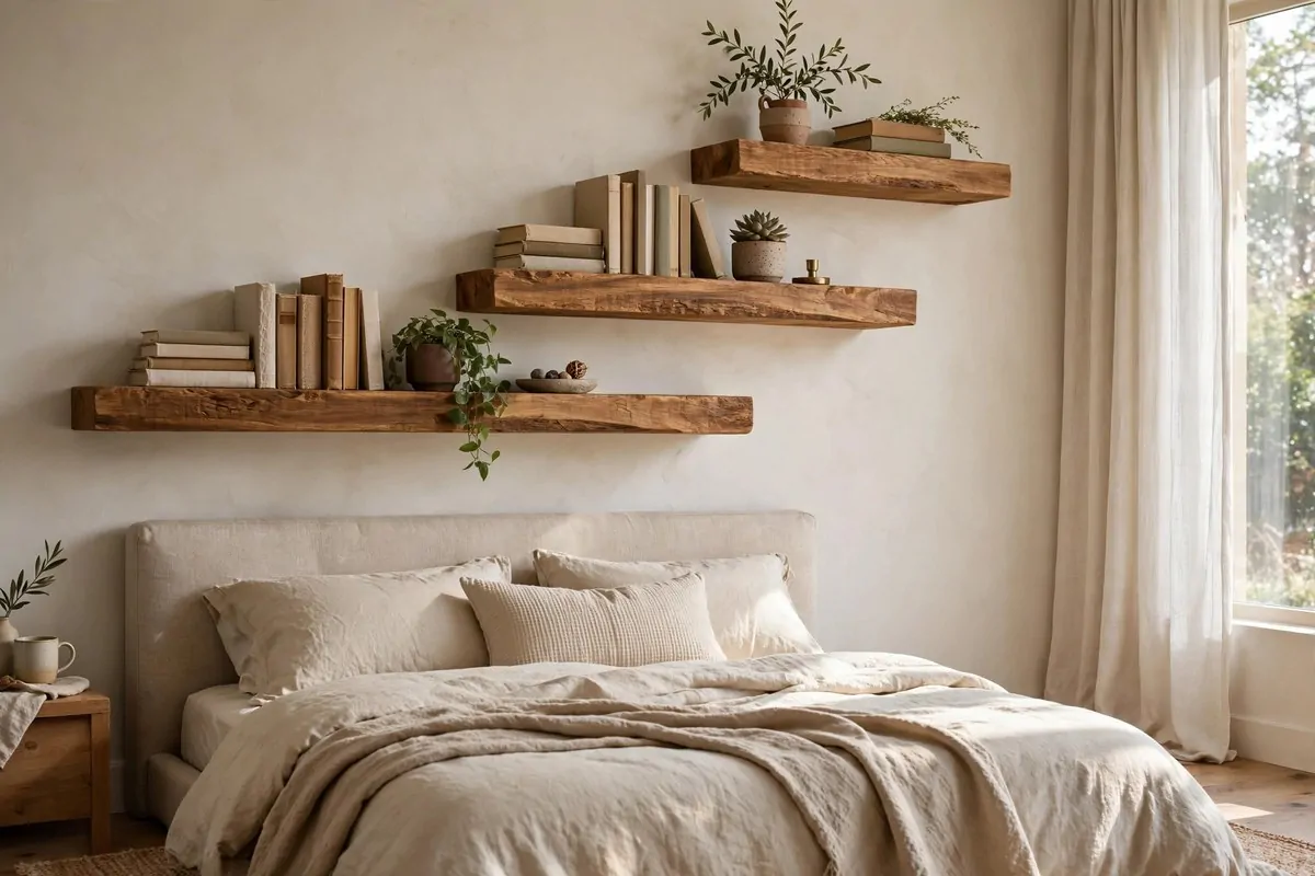 21 Bedroom Ideas Bookshelves Make Look Custom-Built 7 Thick floating wooden shelves mounted above a bed headboard wall holding books and plants