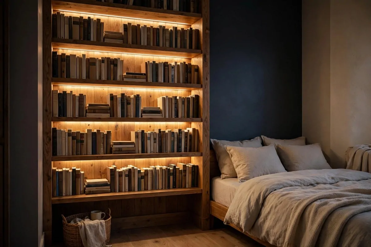21 Bedroom Ideas Bookshelves Make Look Custom-Built 8 Bedroom alcove with built in shelves and warm LED strip lighting glowing behind books