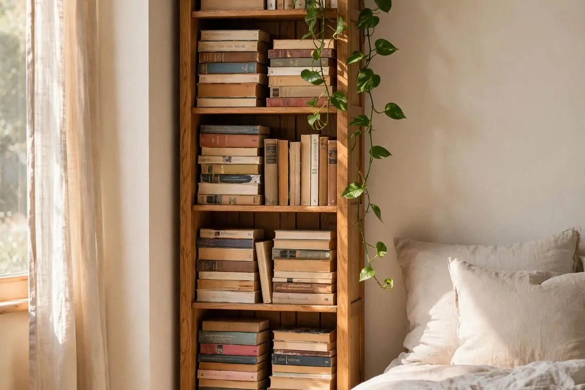 21 Bedroom Ideas Bookshelves Make Look Custom-Built 9 Tall narrow corner bookshelf tower in a bedroom corner filled with books