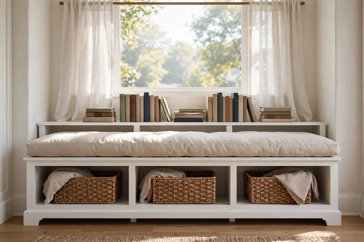 21 Bedroom Ideas Bookshelves Make Look Custom-Built 10 Low long bookshelf bench under a bedroom window with cushions and books