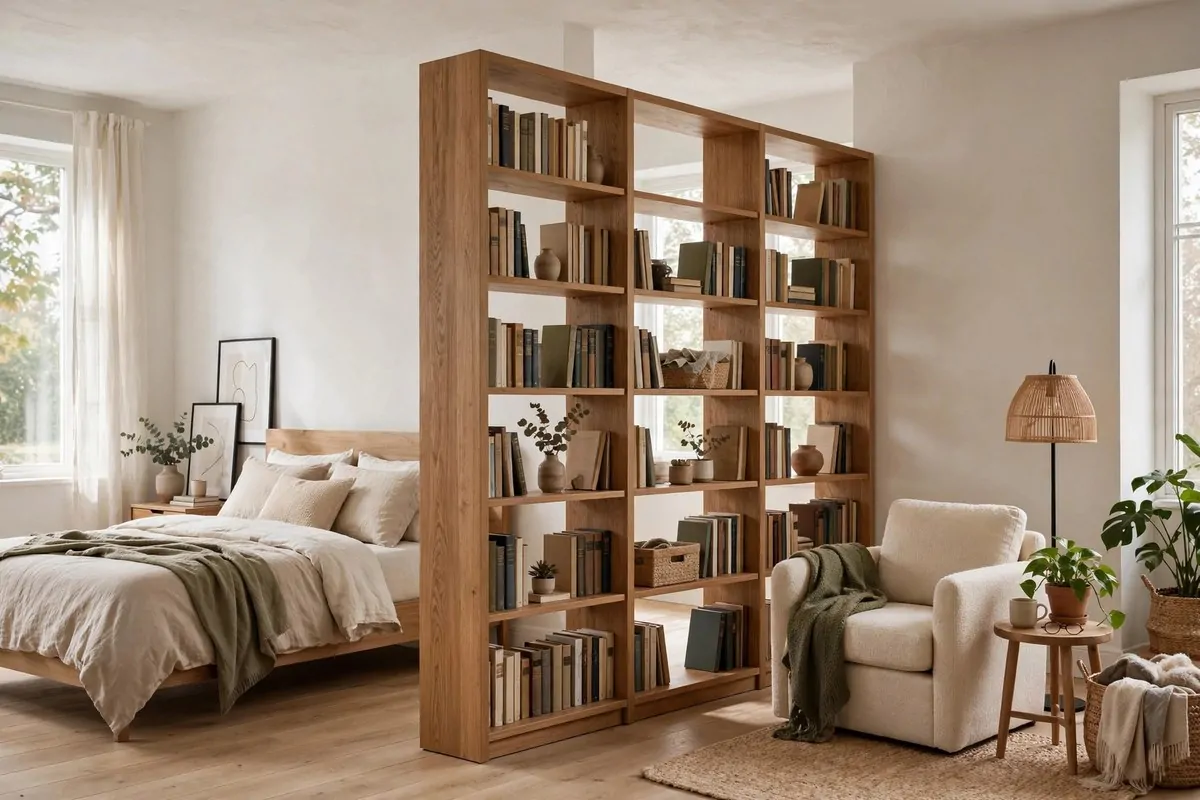 21 Bedroom Ideas Bookshelves Make Look Custom-Built 13 Open back bookcase used as a room divider in a large bedroom creating two zones