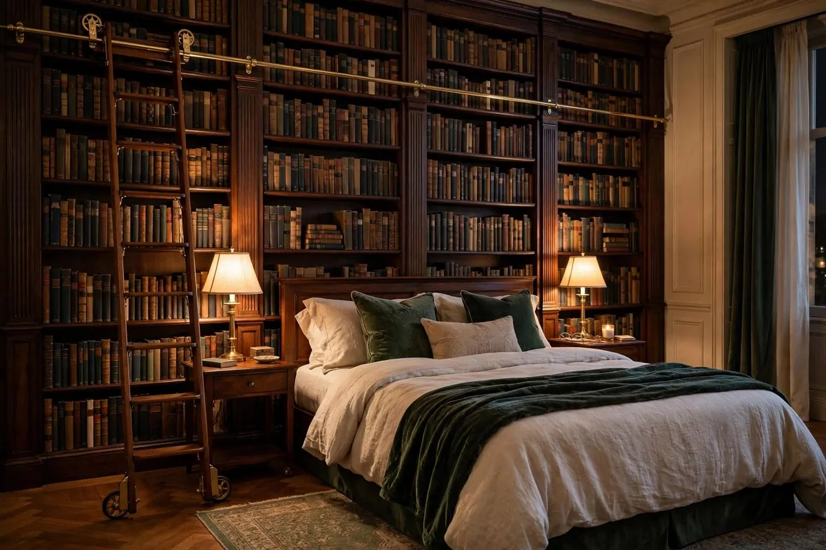 21 Bedroom Ideas Bookshelves Make Look Custom-Built 14 Tall bedroom bookshelf wall with a brass rolling ladder on a rail