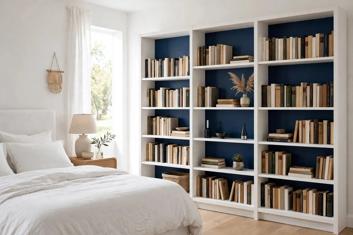 21 Bedroom Ideas Bookshelves Make Look Custom-Built 15 White bedroom bookcase with deep navy painted back panels making books stand out