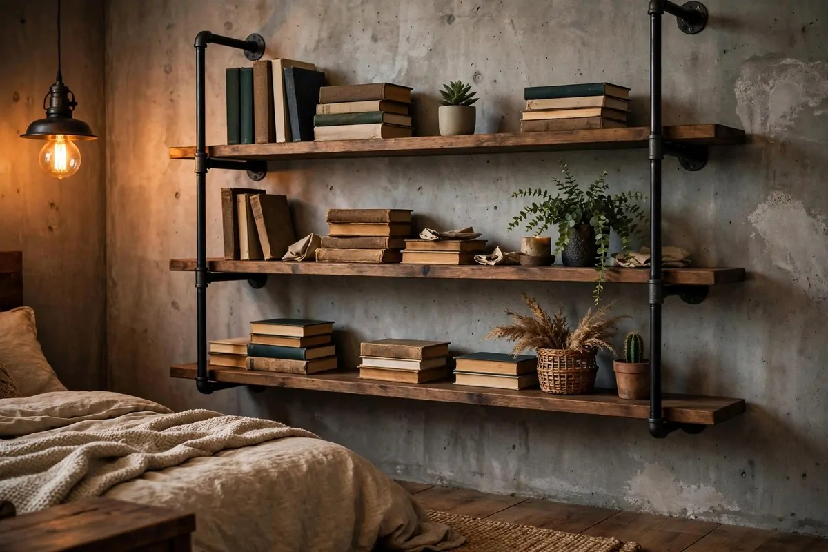 21 Bedroom Ideas Bookshelves Make Look Custom-Built 16 Industrial style bedroom shelves with black metal pipes and wooden boards holding books