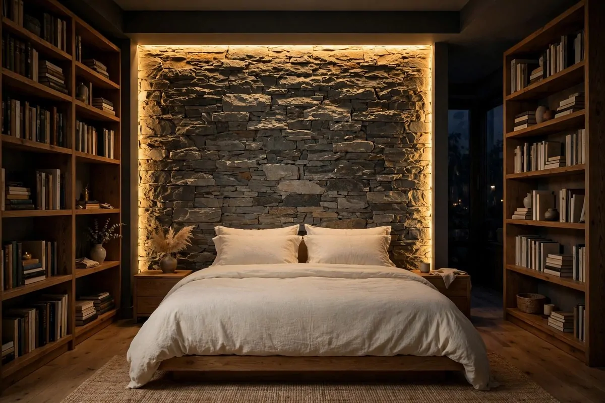 21 Bedroom Ideas Bookshelves Make Look Custom-Built 17 Bedroom with a textured stone accent wall and wooden bookshelves framing both sides of the bed