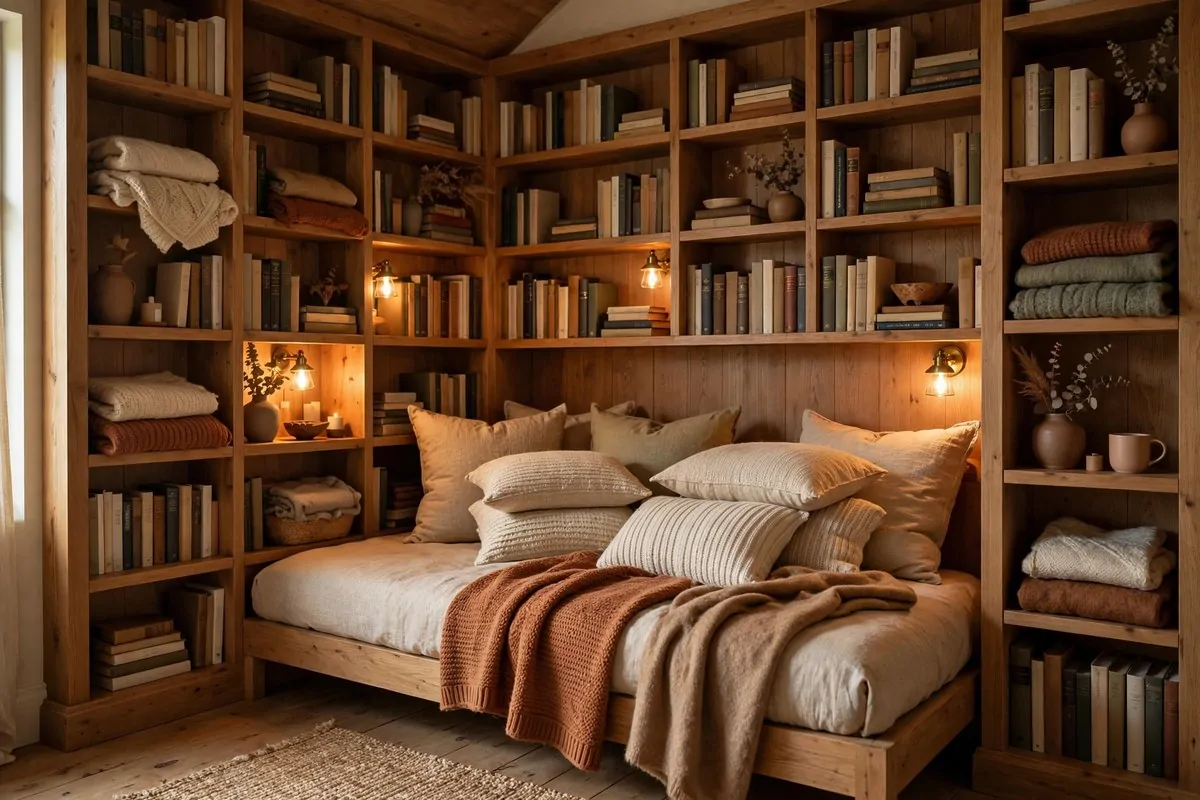 21 Bedroom Ideas Bookshelves Make Look Custom-Built 18 Cozy daybed tucked into a nook with bookshelves built around three sides