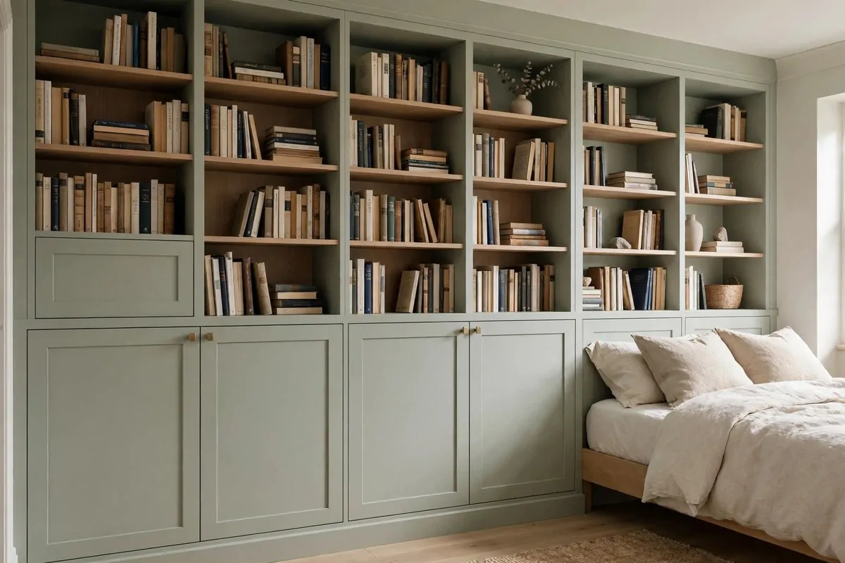 21 Bedroom Ideas Bookshelves Make Look Custom-Built 19 Bedroom wall combining wardrobe cabinets on the bottom with open bookshelves on top
