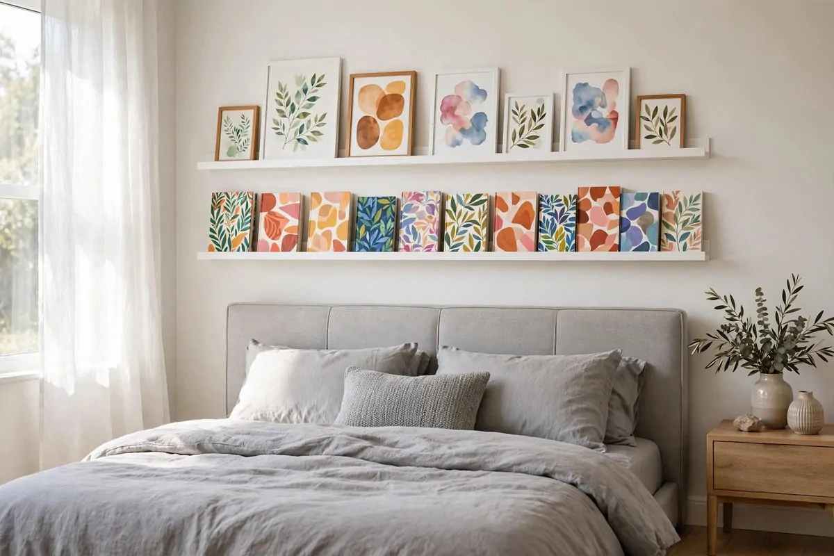 21 Bedroom Ideas Bookshelves Make Look Custom-Built 20 Narrow picture ledges above a bed displaying book covers and small art prints