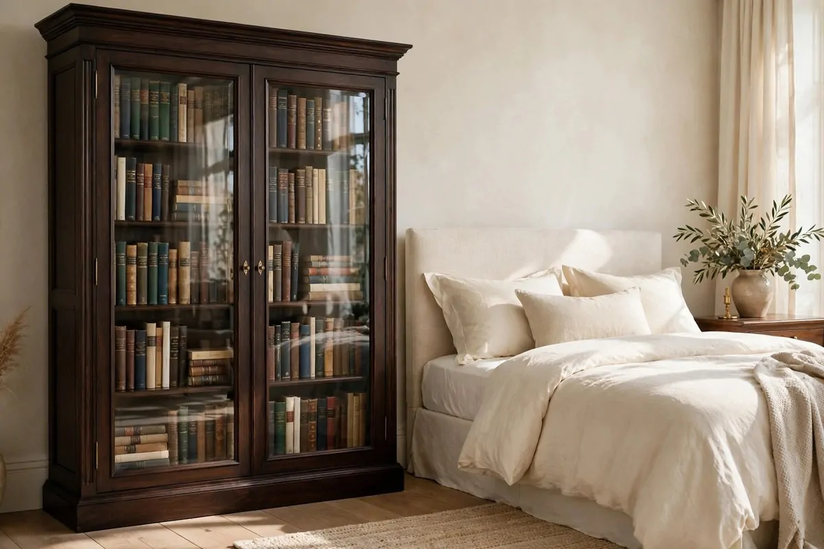 21 Bedroom Ideas Bookshelves Make Look Custom-Built 21 Elegant bedroom bookcase with glass front doors protecting a curated book collection