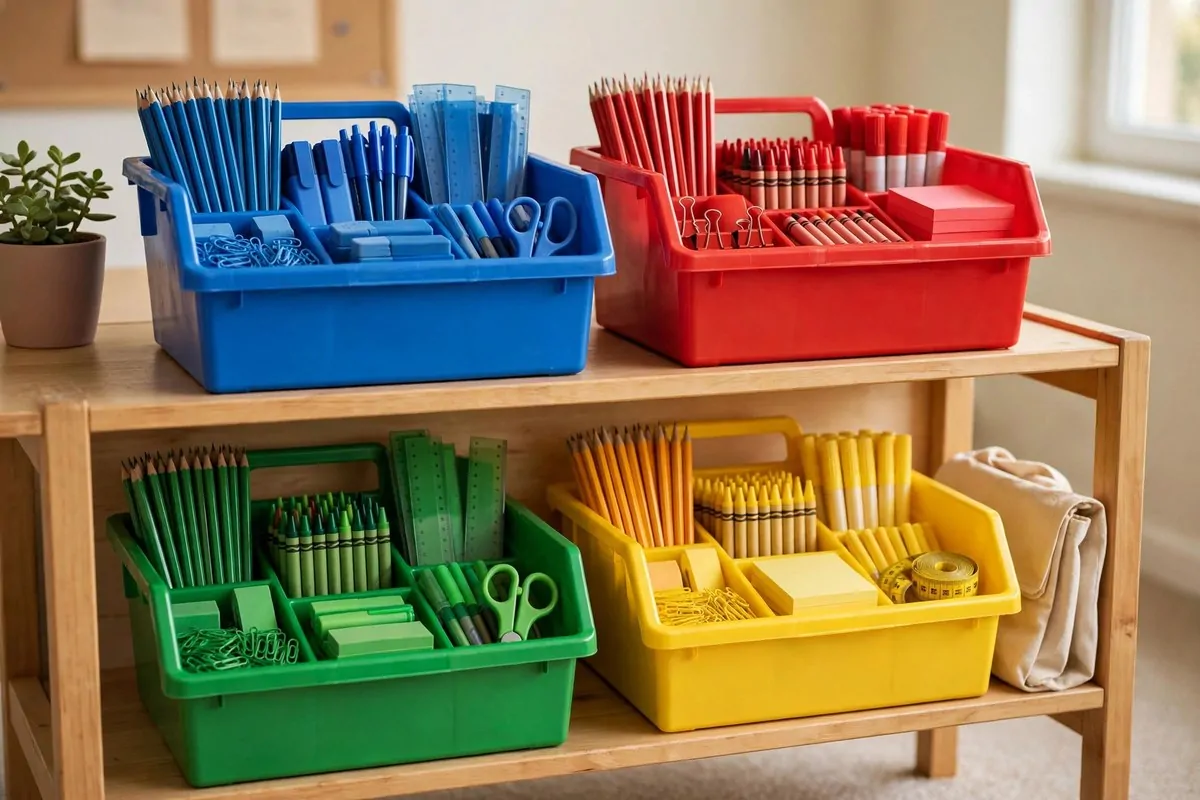 Color-coded storage bins for school supplies on classroom shelves