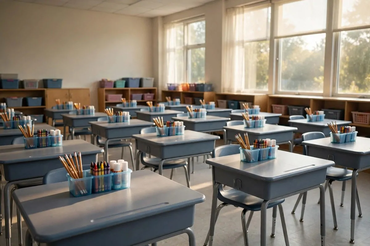 Classroom desks each with a small supply caddy